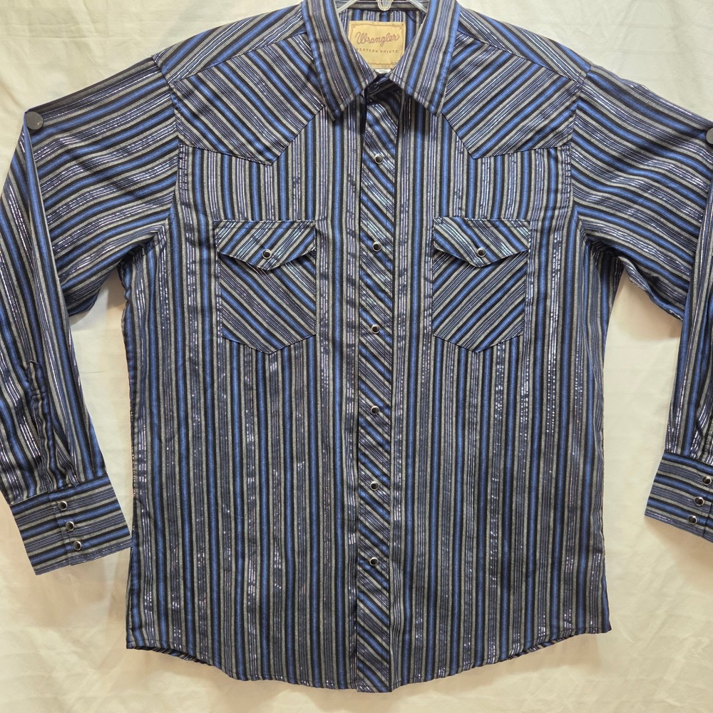 Wrangler Mens Blue Metallic Stripe Western Snap Front Shirt Large L-Slv WM087BK